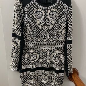 Needle & Thread Black and Cream beaded sequin Long Sleeve Dress